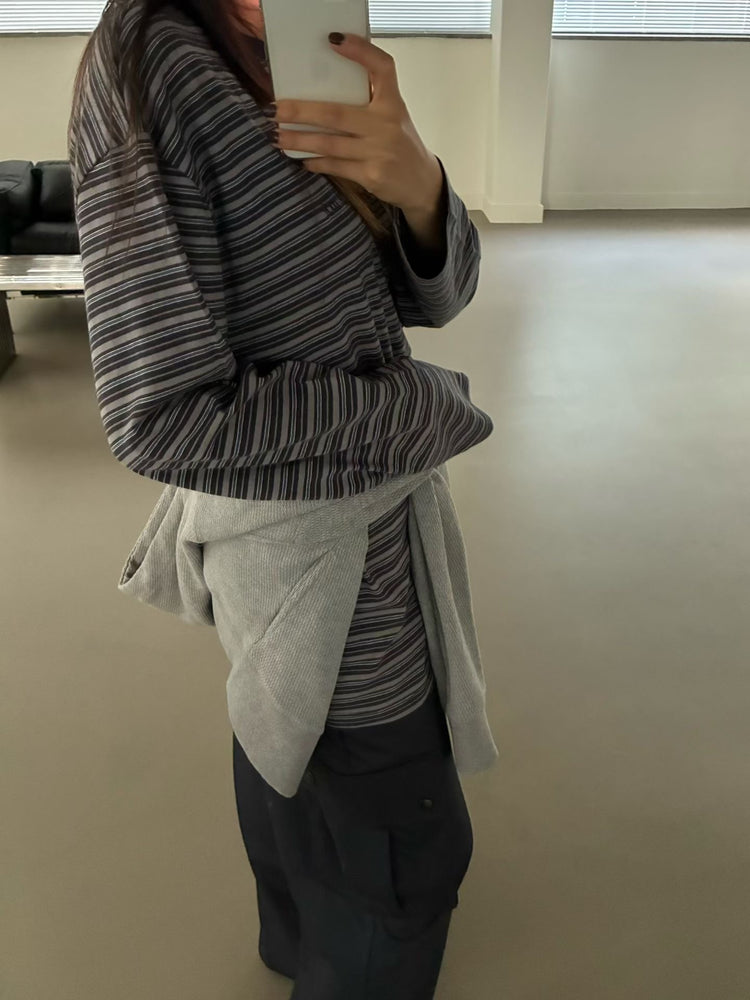 高質條紋撞色刺繡寬鬆上衣