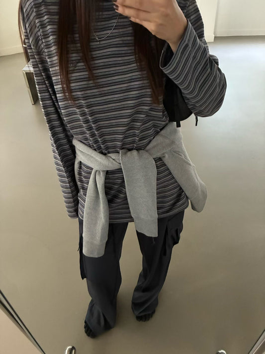 高質條紋撞色刺繡寬鬆上衣