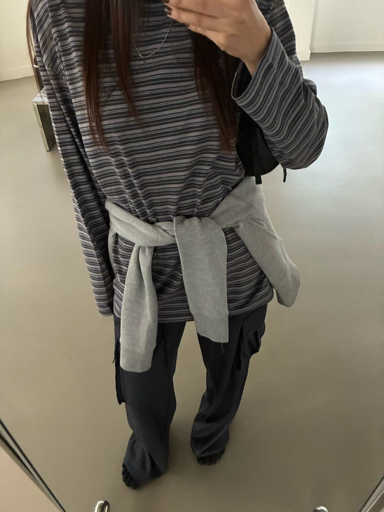 高質條紋撞色刺繡寬鬆上衣