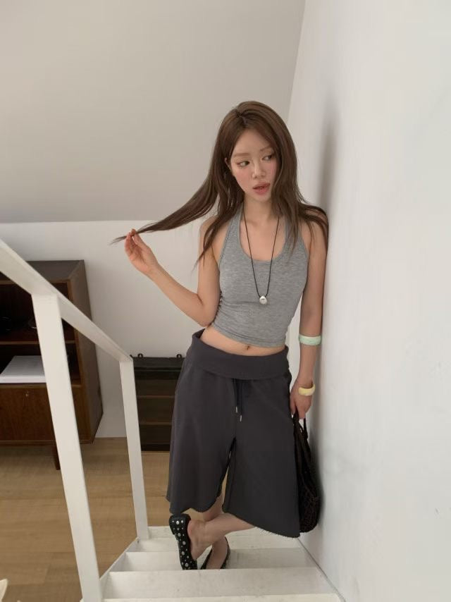 反折垂帶細節寬鬆七分棉褲