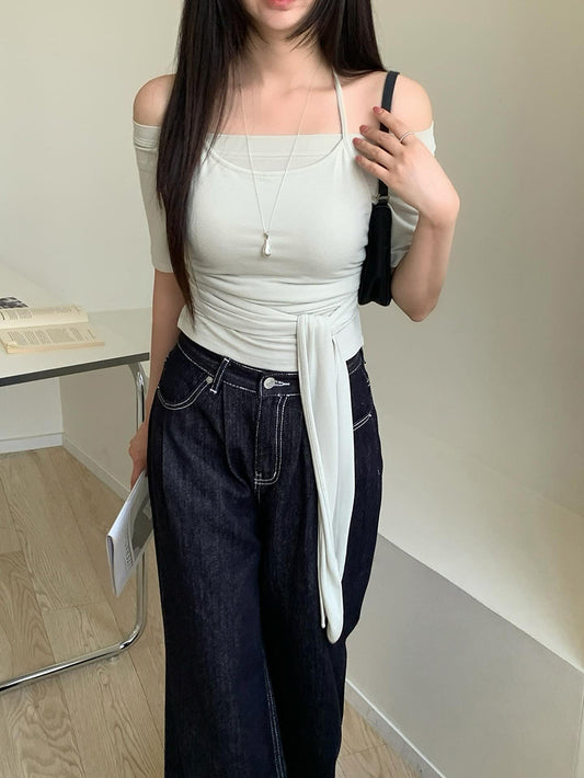 美肩掛脖綁帶兩件式上衣