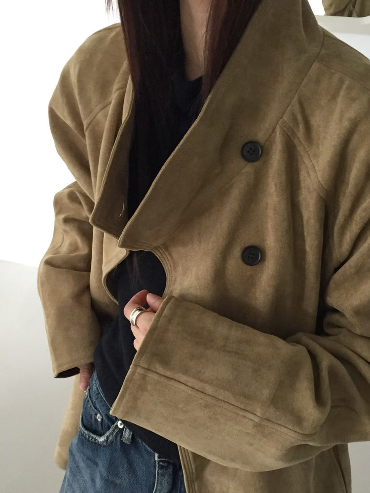 企領撞色袖口細節麂皮中長外套