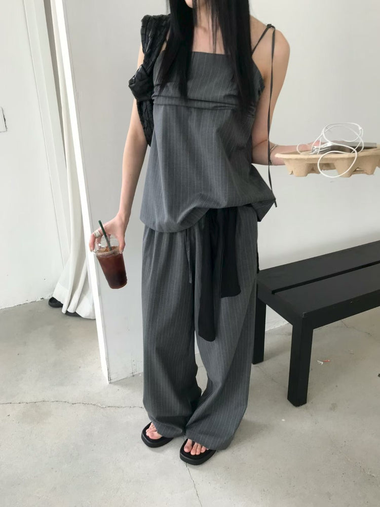 條紋裙片綁帶抽繩褲套裝