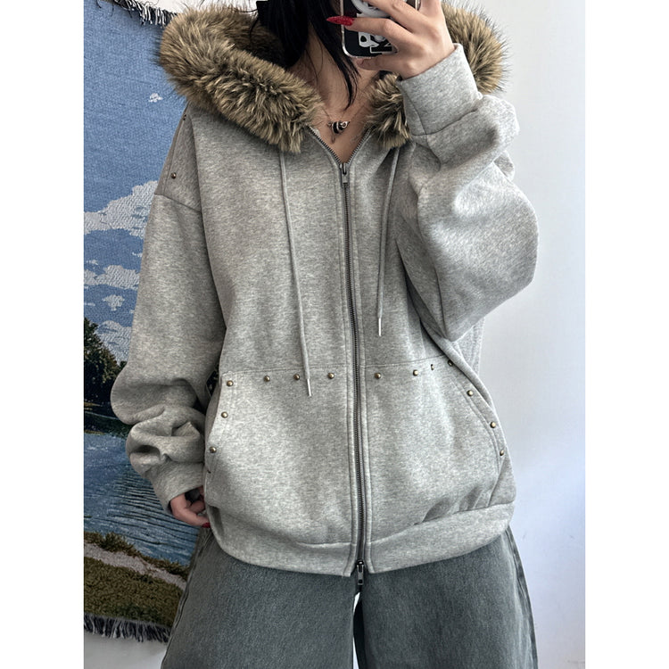 毛毛邊鉚釘細節連帽外套