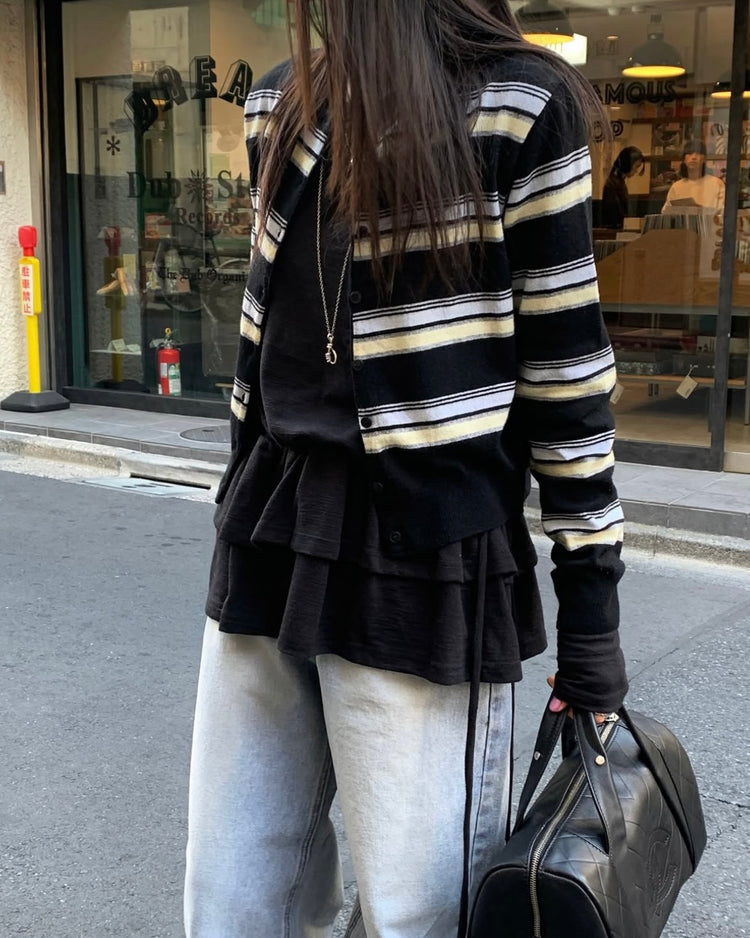 撞色條紋排鈕針織衫