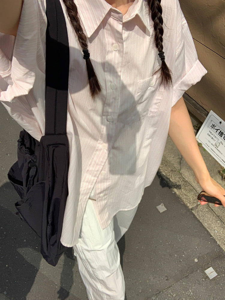 高質條紋寬鬆短袖襯衫