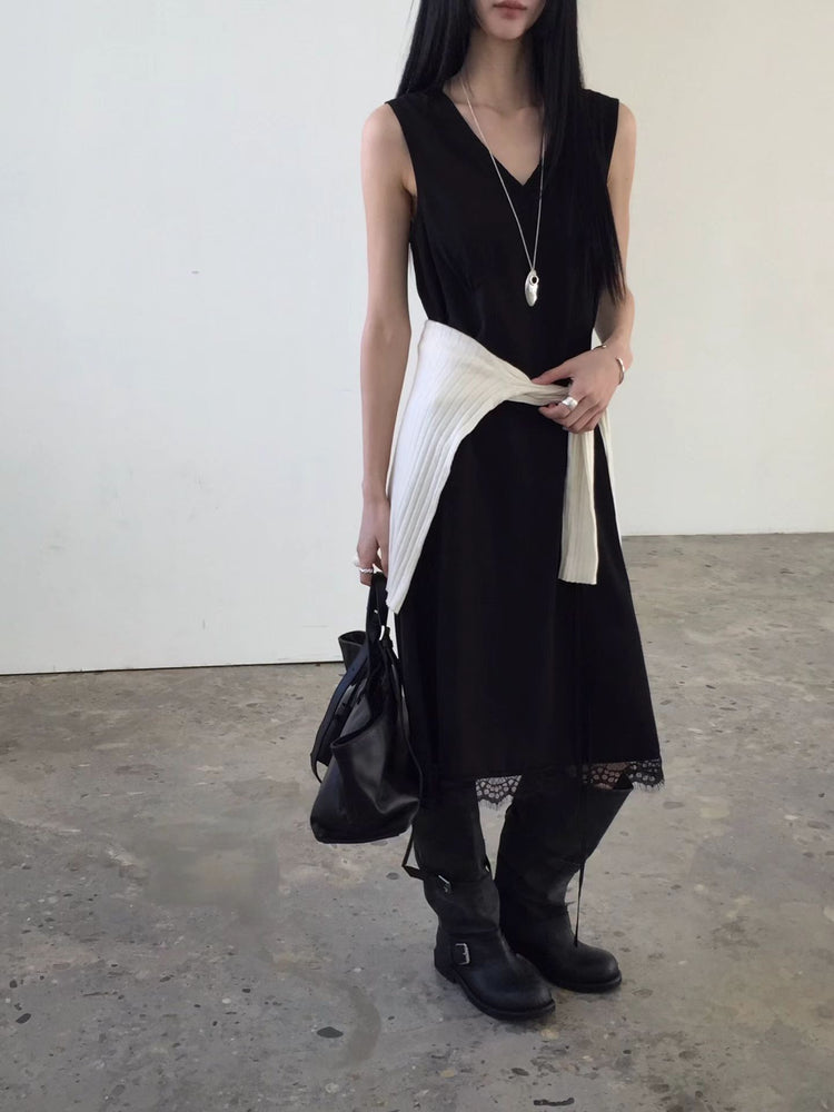 高級V領蕾絲邊綁帶細節連身裙