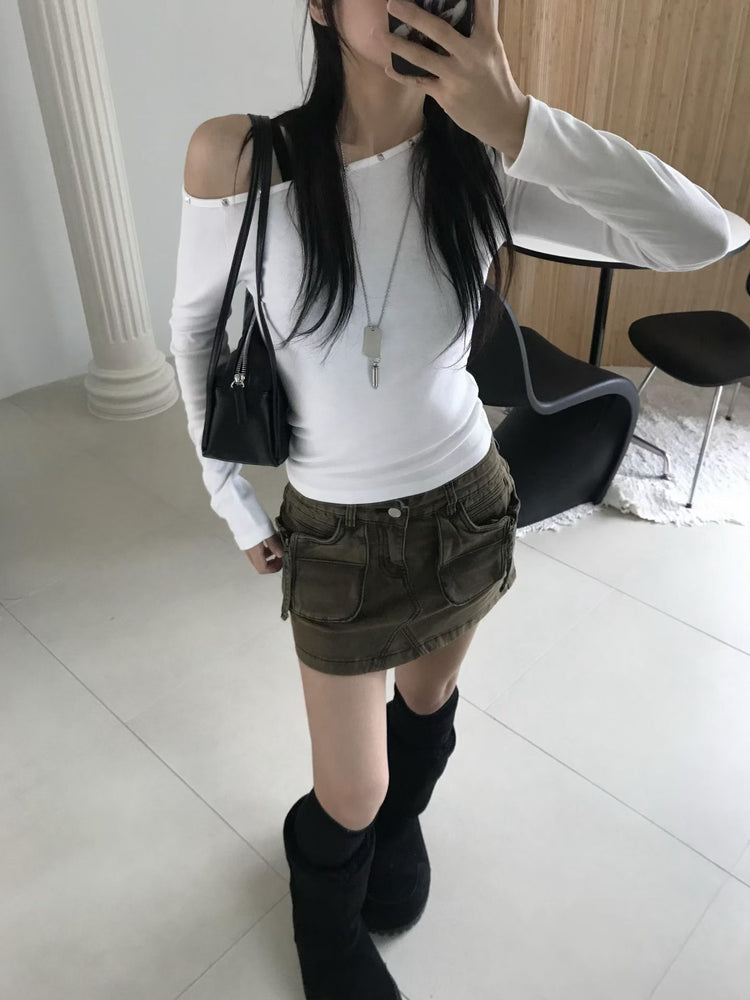 露肩鉚釘細節修身上衣