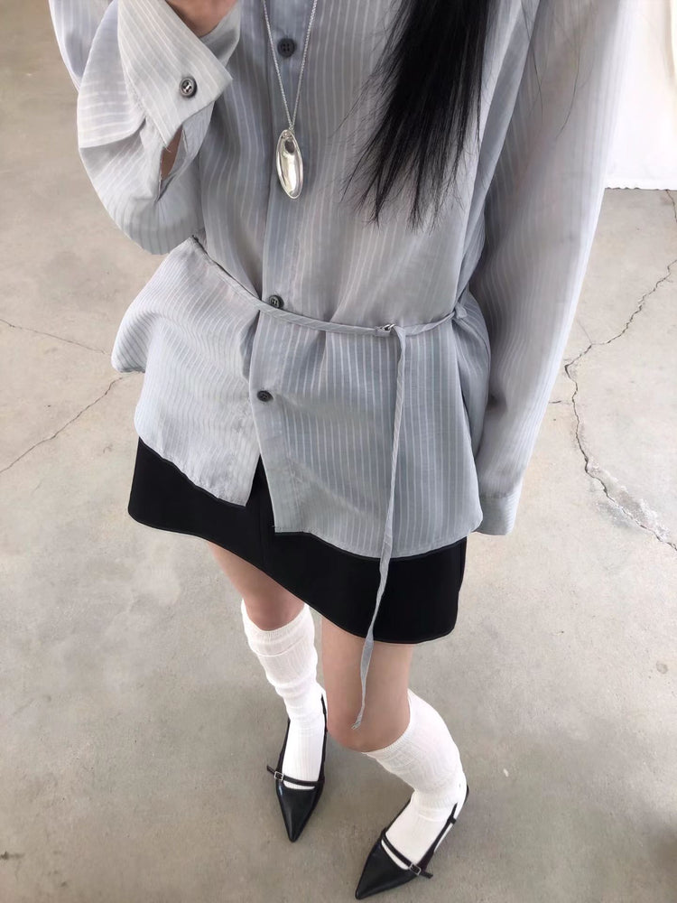 微透條紋綁帶細節襯衫