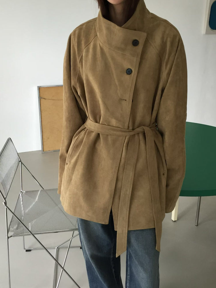 企領撞色袖口細節麂皮中長外套