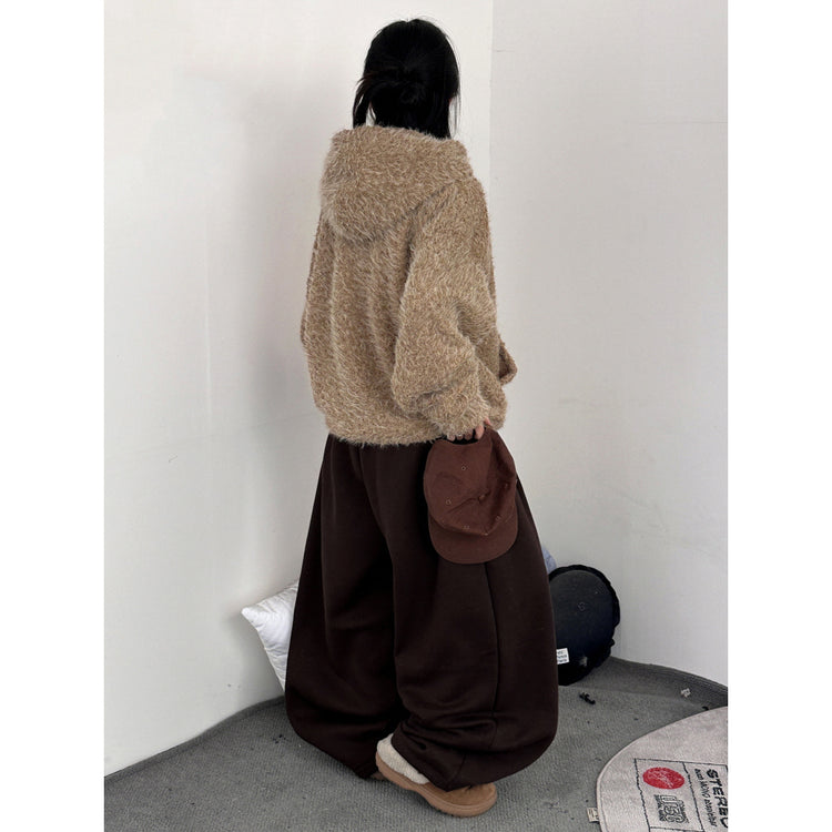 毛絨雙拉鏈鐵環細節連帽外套