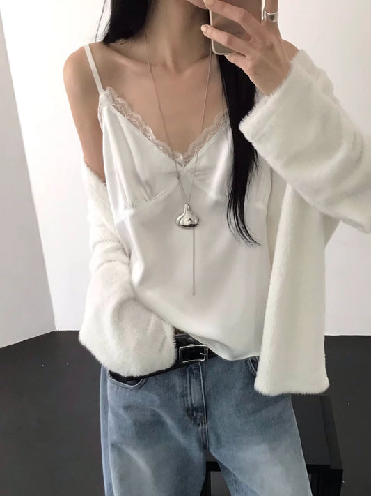 霧光澤蕾絲邊吊帶上衣