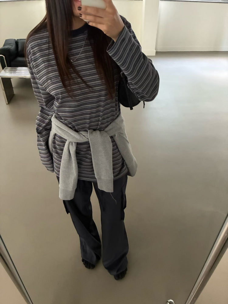高質條紋撞色刺繡寬鬆上衣