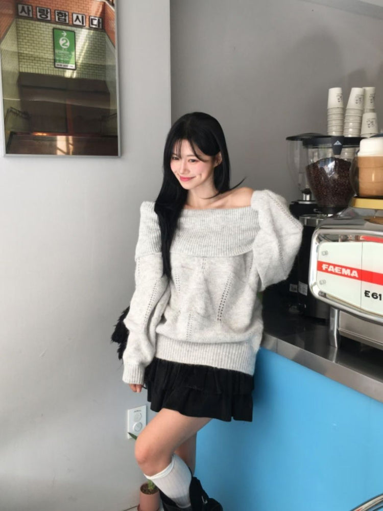 美肩紋理縷空紋理細節毛衣