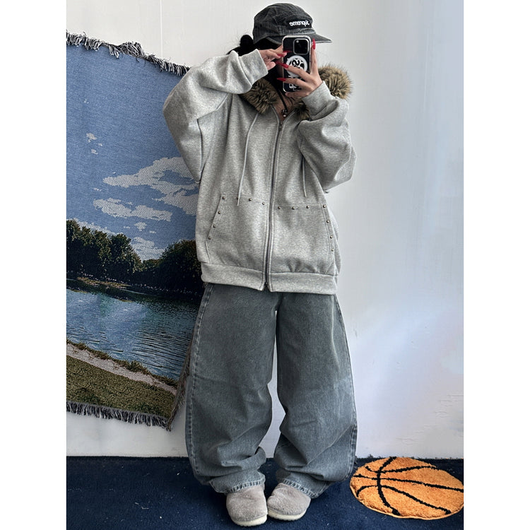 毛毛邊鉚釘細節連帽外套