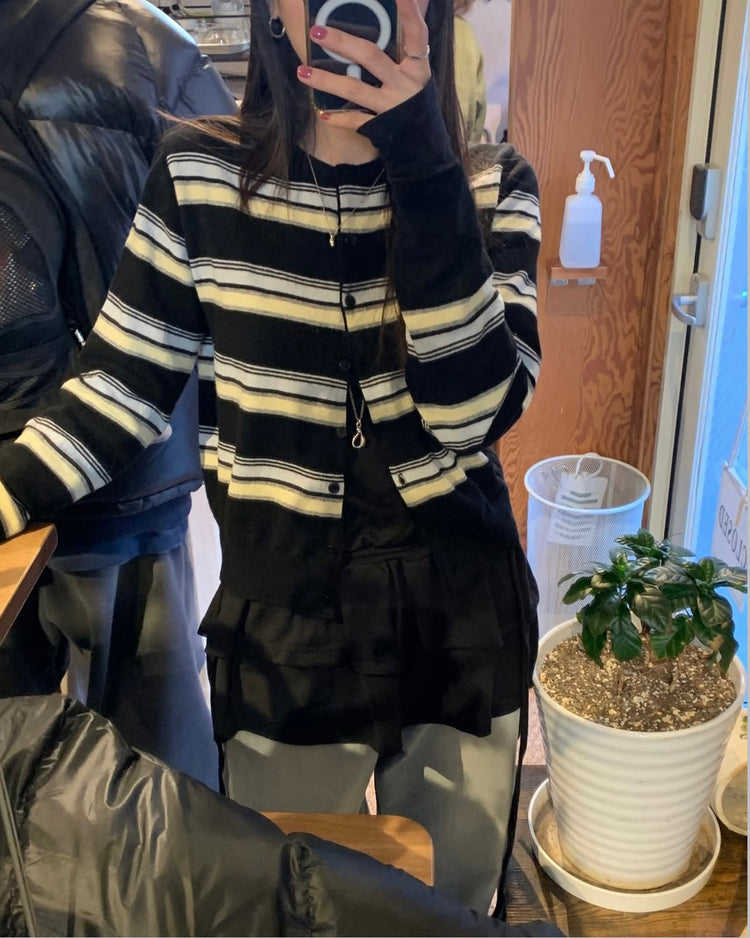 撞色條紋排鈕針織衫