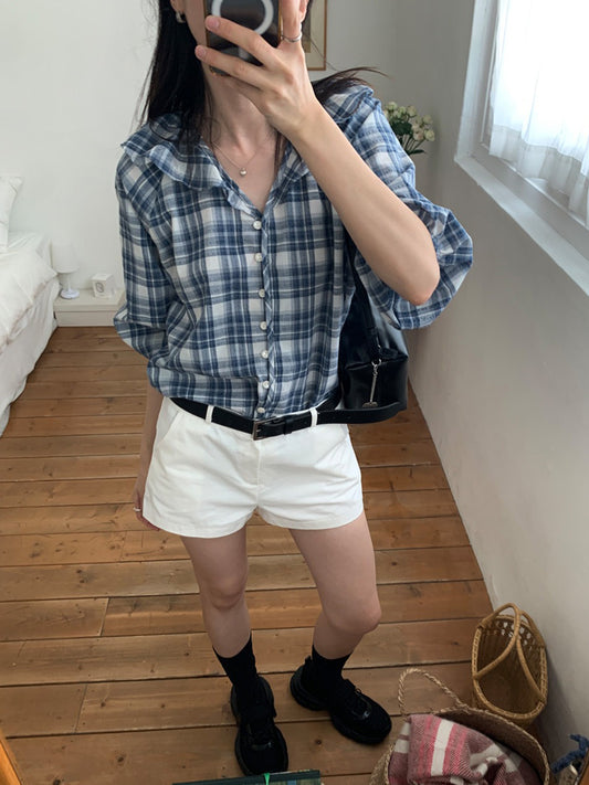 格紋翻領片束袖上衣