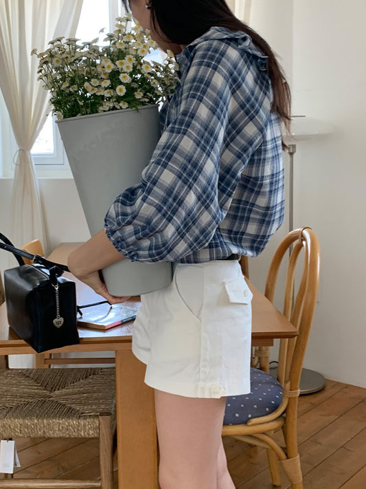 格紋翻領片束袖上衣