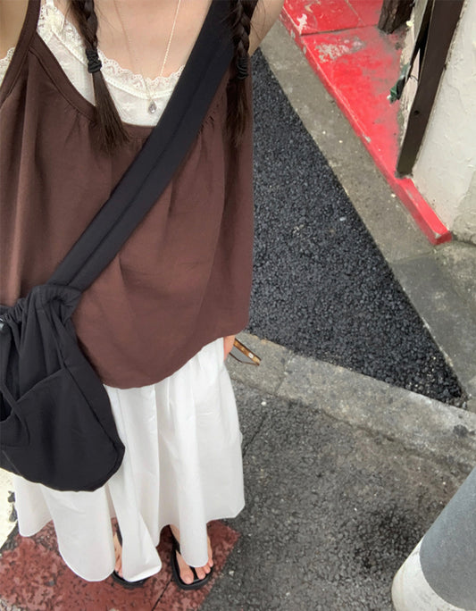 細肩帶壓褶寬鬆上衣