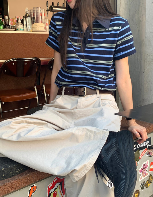 美色翻領撞色條紋上衣