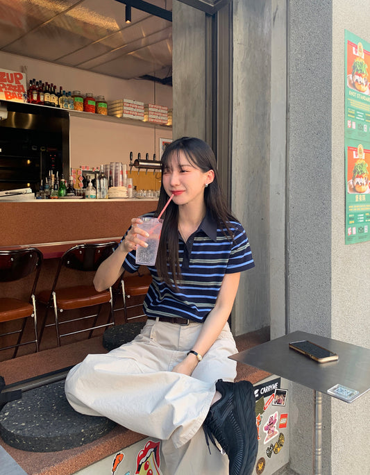 美色翻領撞色條紋上衣
