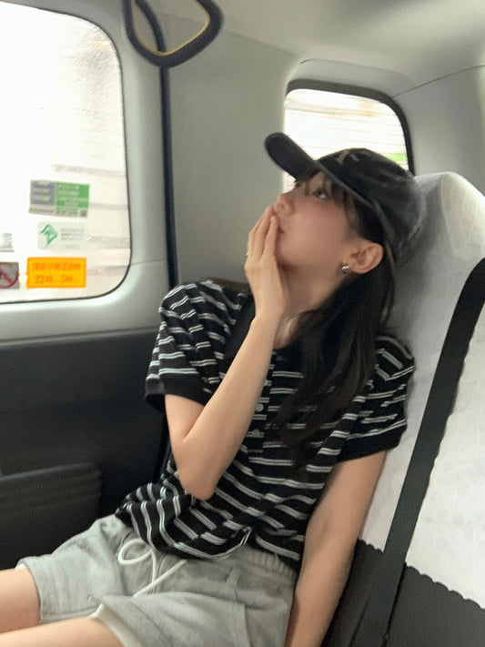 翻領條紋束口上衣