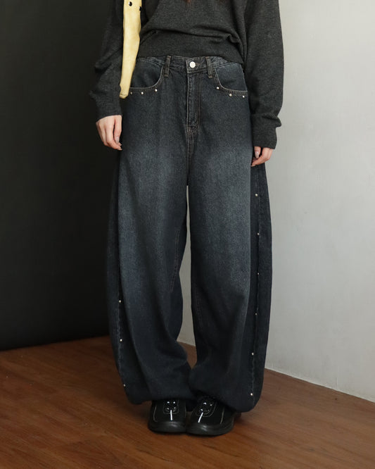 復古側鉚釘細節繭型褲