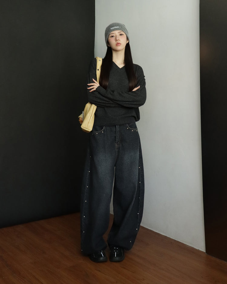 復古側鉚釘細節繭型褲