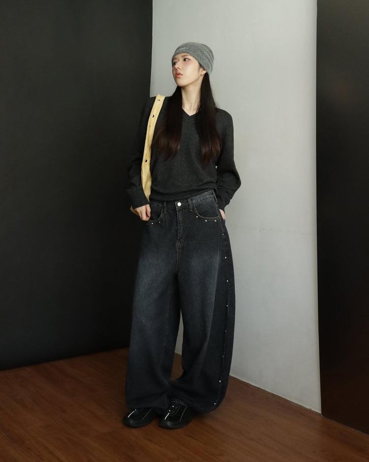 復古側鉚釘細節繭型褲