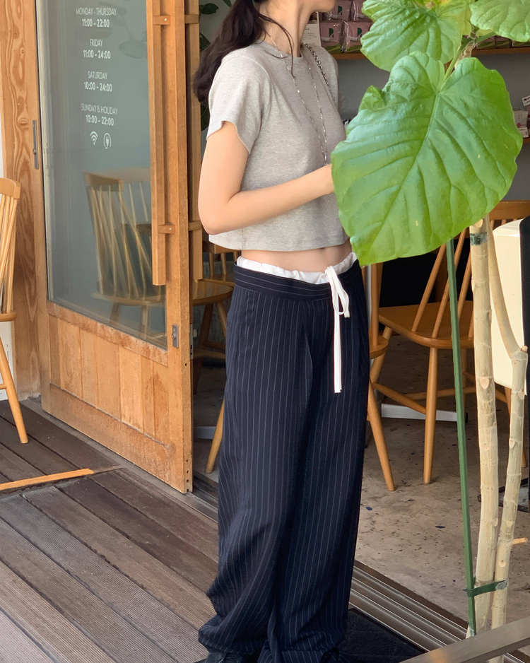 撞色褲頭條紋抽繩直褲