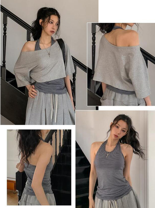 美肩條紋掛脖兩件式上衣