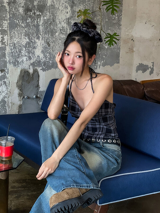 格紋掛脖綁帶細節上衣(附髮圈)