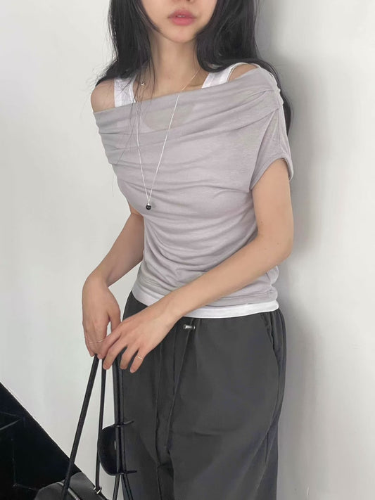 微透美肩兩件式上衣