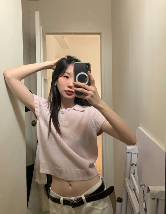 美色翻領修腰針織上衣