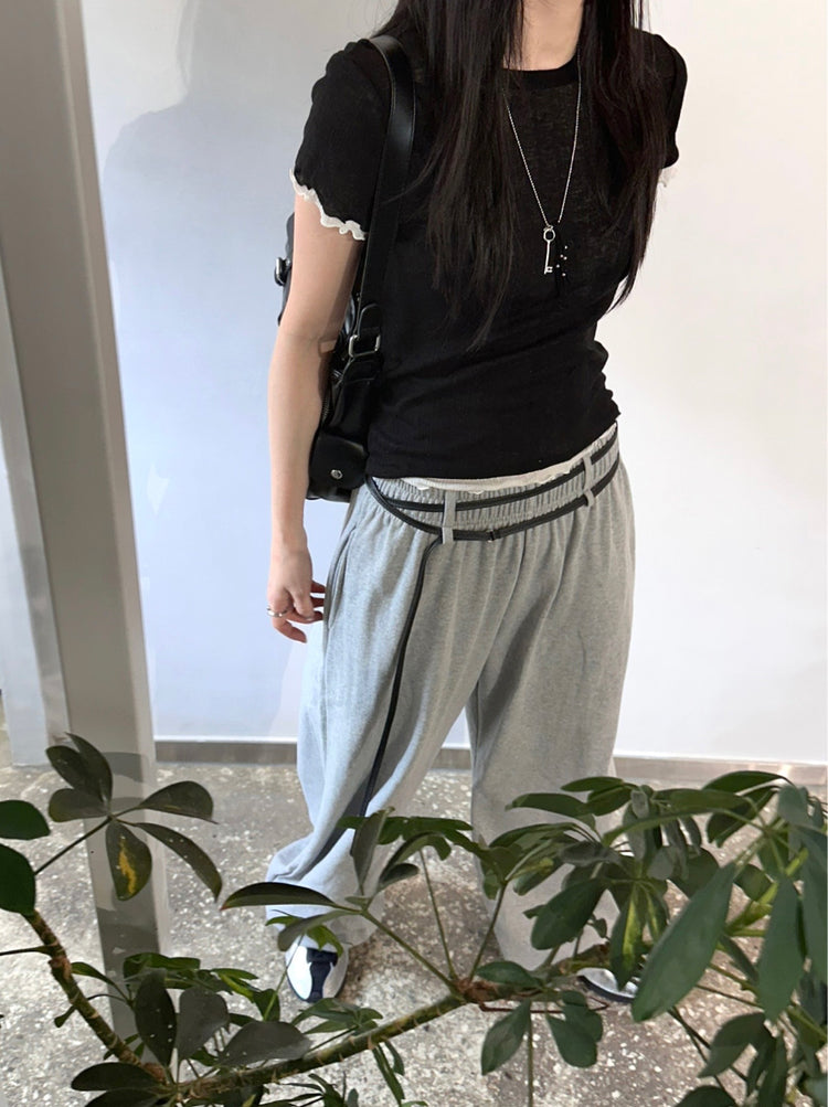 雙層腰帶扣環細節休閒棉褲
