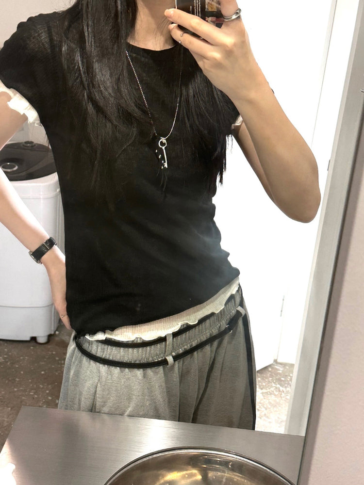 雙層腰帶扣環細節休閒棉褲