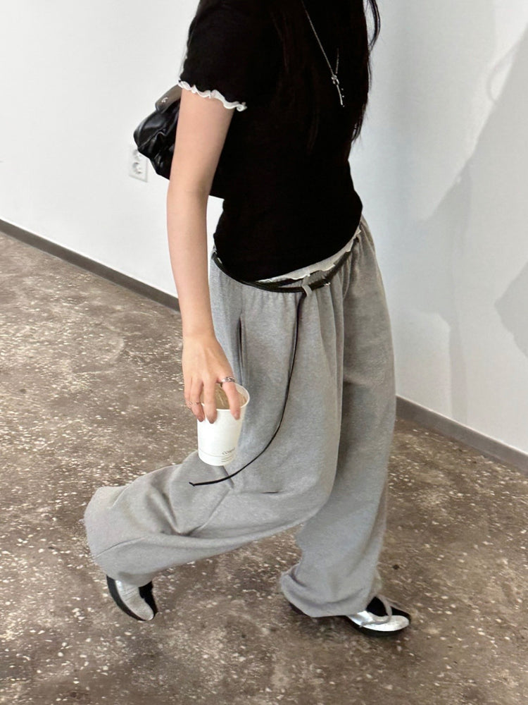雙層腰帶扣環細節休閒棉褲