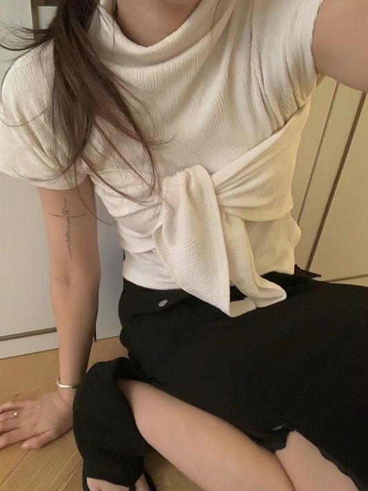 小立領紋理三角巾細節上衣