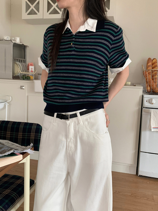 翻領撞色條紋修腰上衣