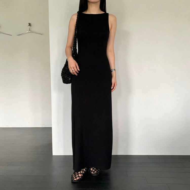 美背露腰削肩修身連身裙