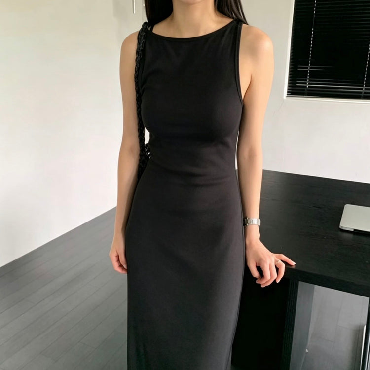 美背露腰削肩修身連身裙
