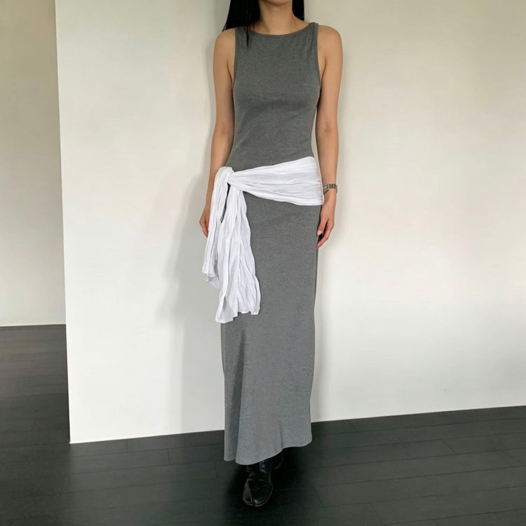 美背露腰削肩修身連身裙