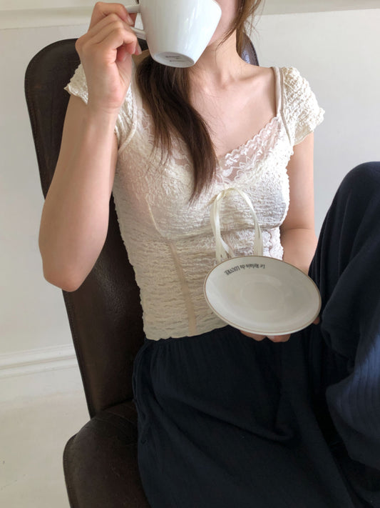 皺皺蕾絲邊細節綁帶上衣