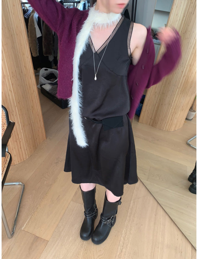 極美雙層透細節綁帶連身裙