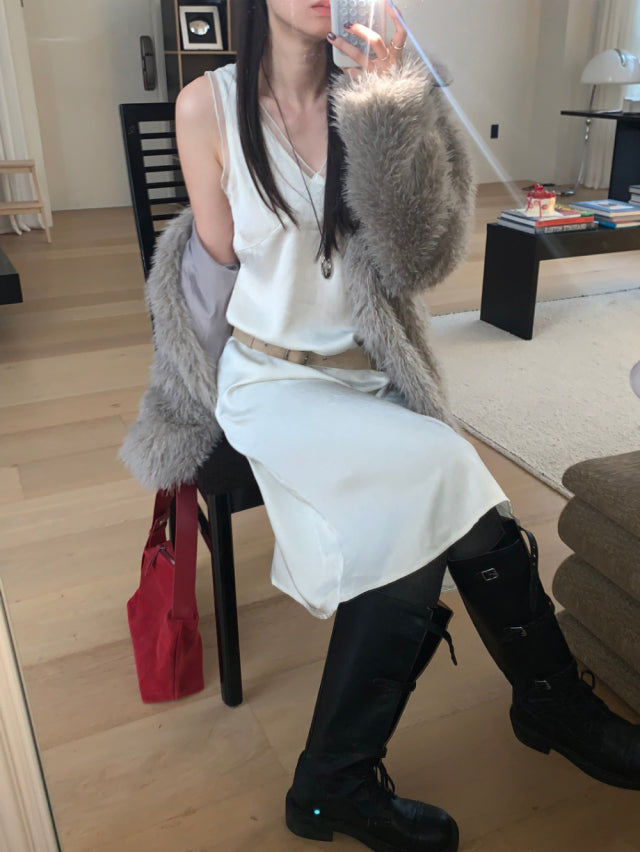 極美雙層透細節綁帶連身裙