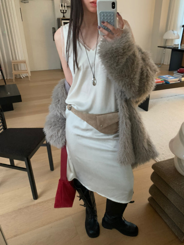 極美雙層透細節綁帶連身裙