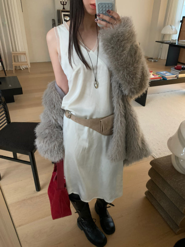 極美雙層透細節綁帶連身裙