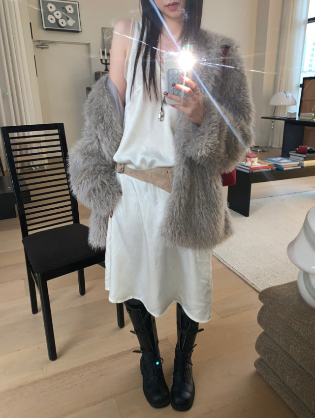 極美雙層透細節綁帶連身裙