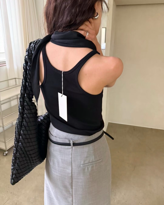 高質美色削肩挖背細節背心