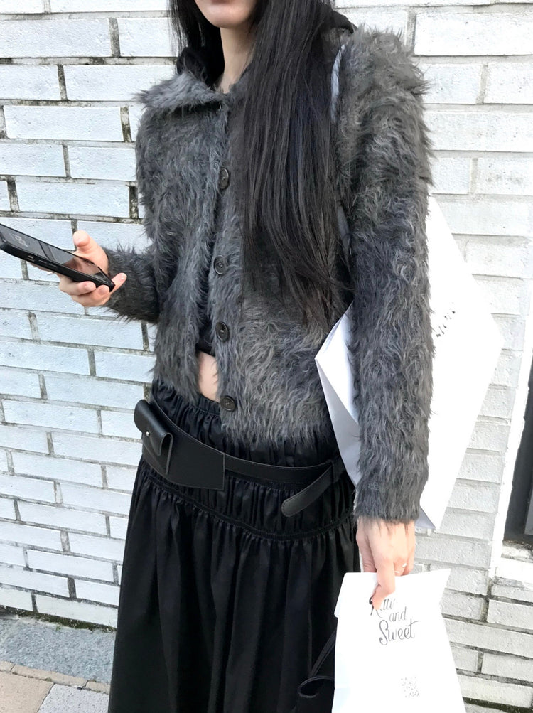 混色翻領排鈕毛絨外套